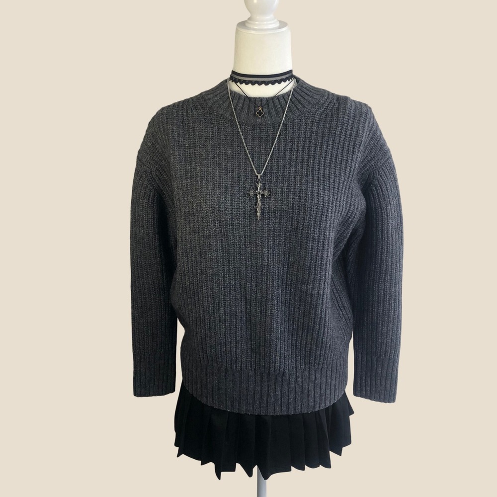 MUJI Wool Yak Charcoal Gray Ribbed Crewneck Sweater Womens M Grunge Japanese